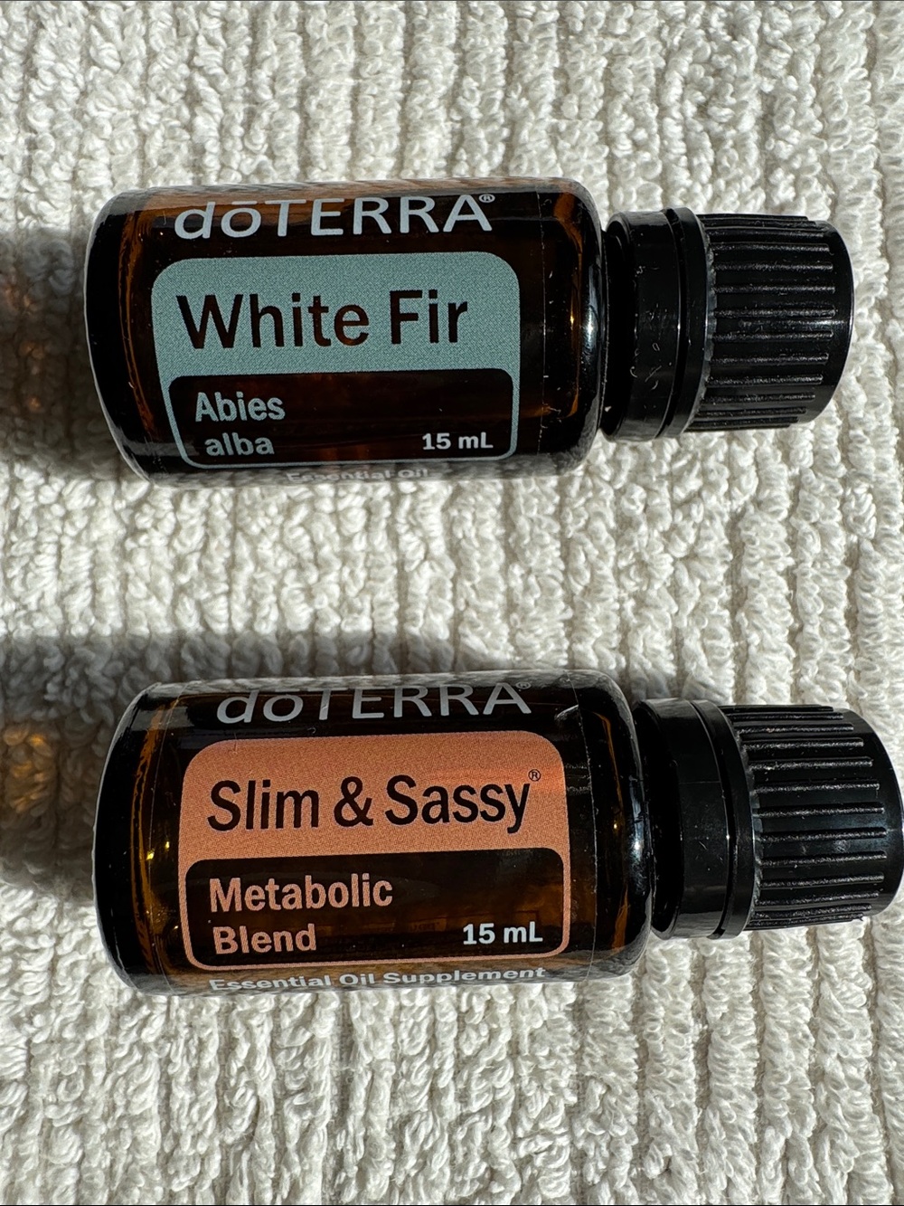 Doterra White Fir & Slim & Sassy Essential Oil Bottles — Mint & Peach Labels